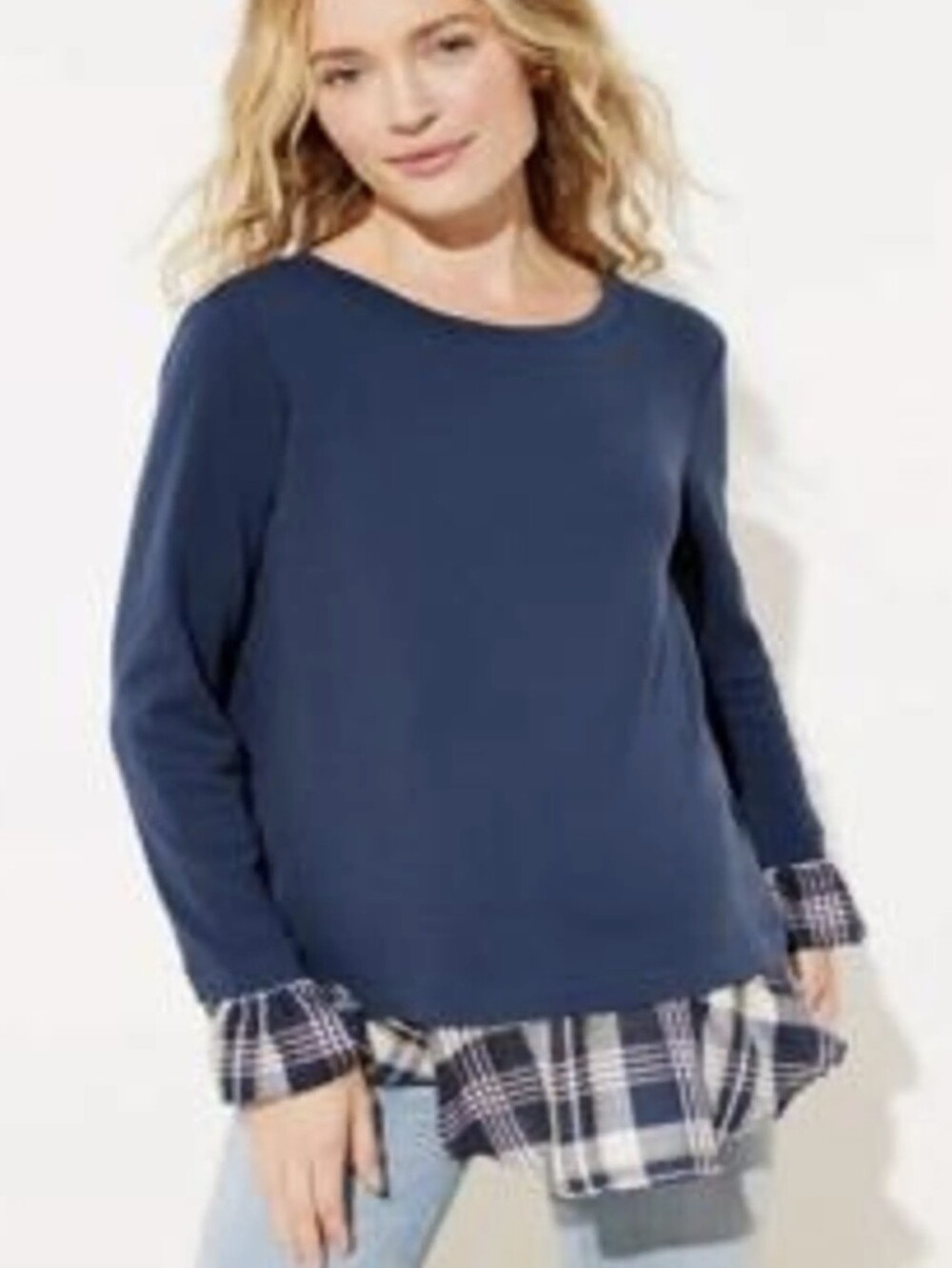 LOFT Navy Blue Long-Sleeve Top with Plaid Ruffle Hem Size L Femenine Textured